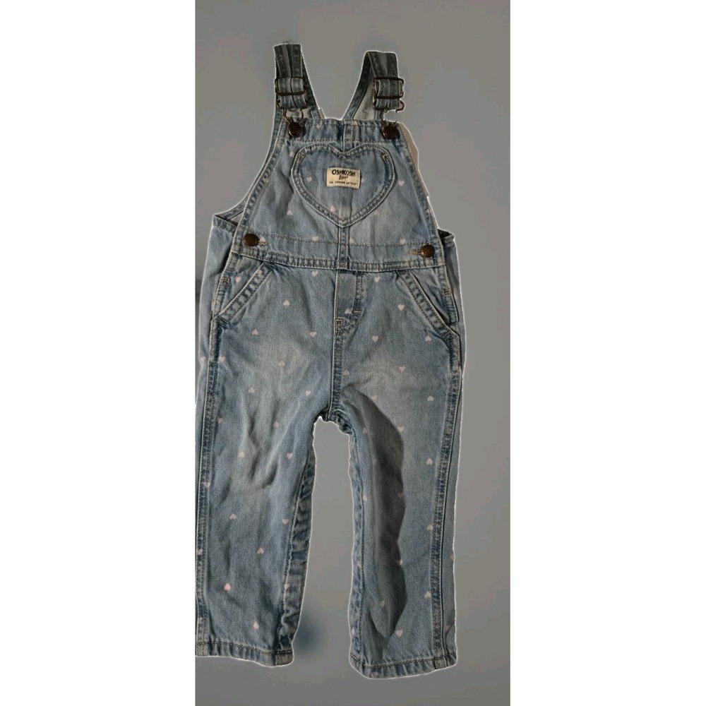 OshKosh B'gosh‎ Baby Girl's Vestbak Pink Hearts Denim Overalls Size 18M